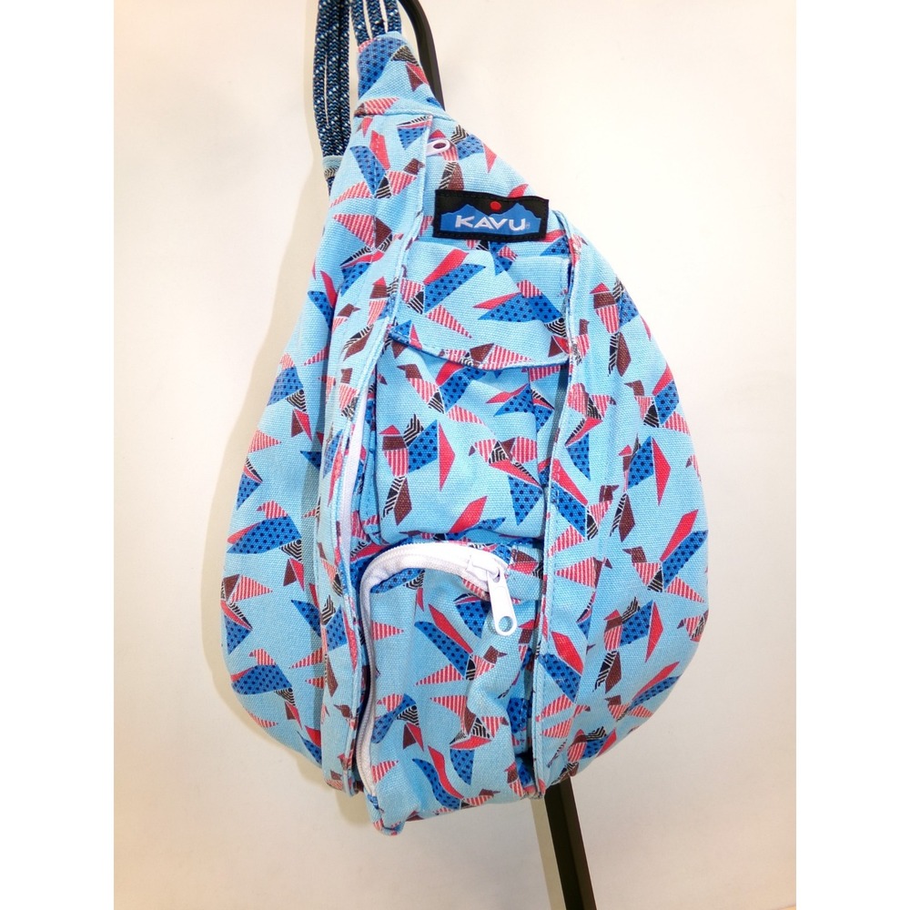 Kavu Rope Bag Sling Backpack Oragami Birds Blue Red Cotton Mini Multiple Compart